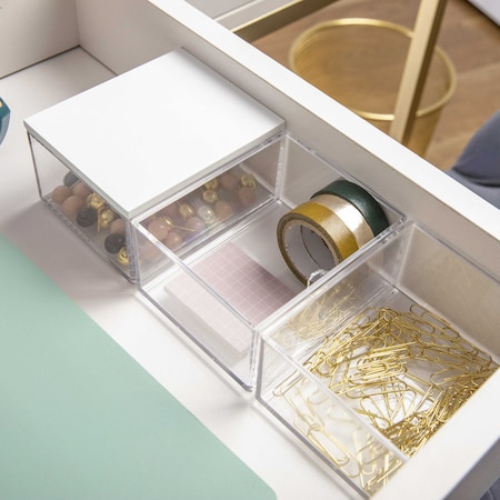 Martha Stewart Brody Clear Plastic Storage Organizer Bins W/ White Engineered Wood Lid, 3 Pack Small, 3.75in x 3in BE-PB4517-3WD-CL-WH-MS